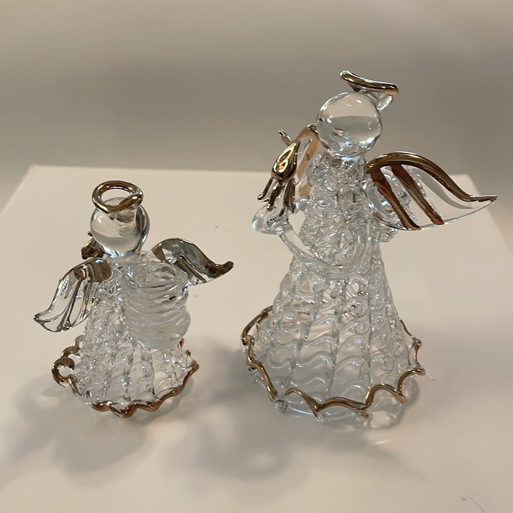 Spum Glass Angles Candle Holders with Hands Holding Trees and Gold Accents